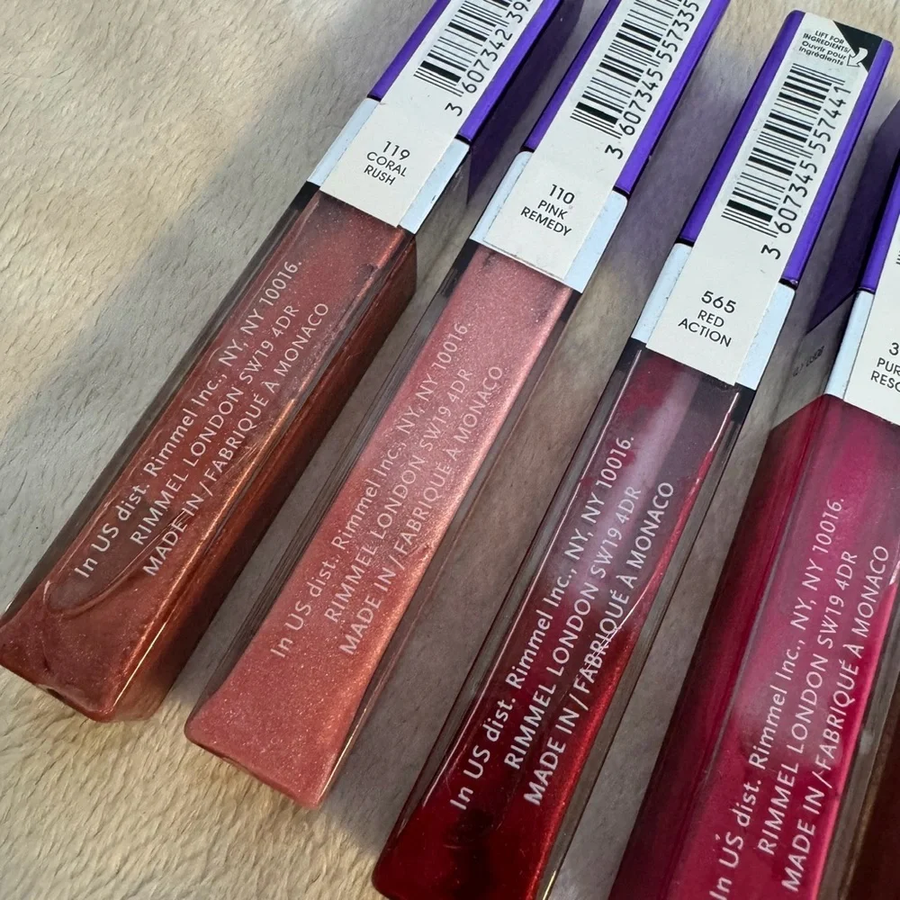 NWT RIMMEL moisture renew lip gloss set 5pc collagen coral pink red purple mauve